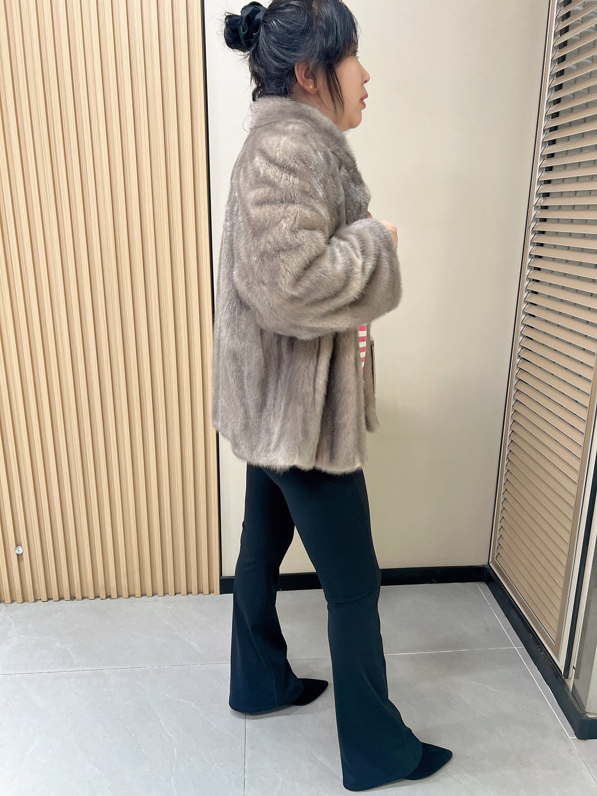 No. 312 Latte-Grey Stand-Collar Mink Fur Coat