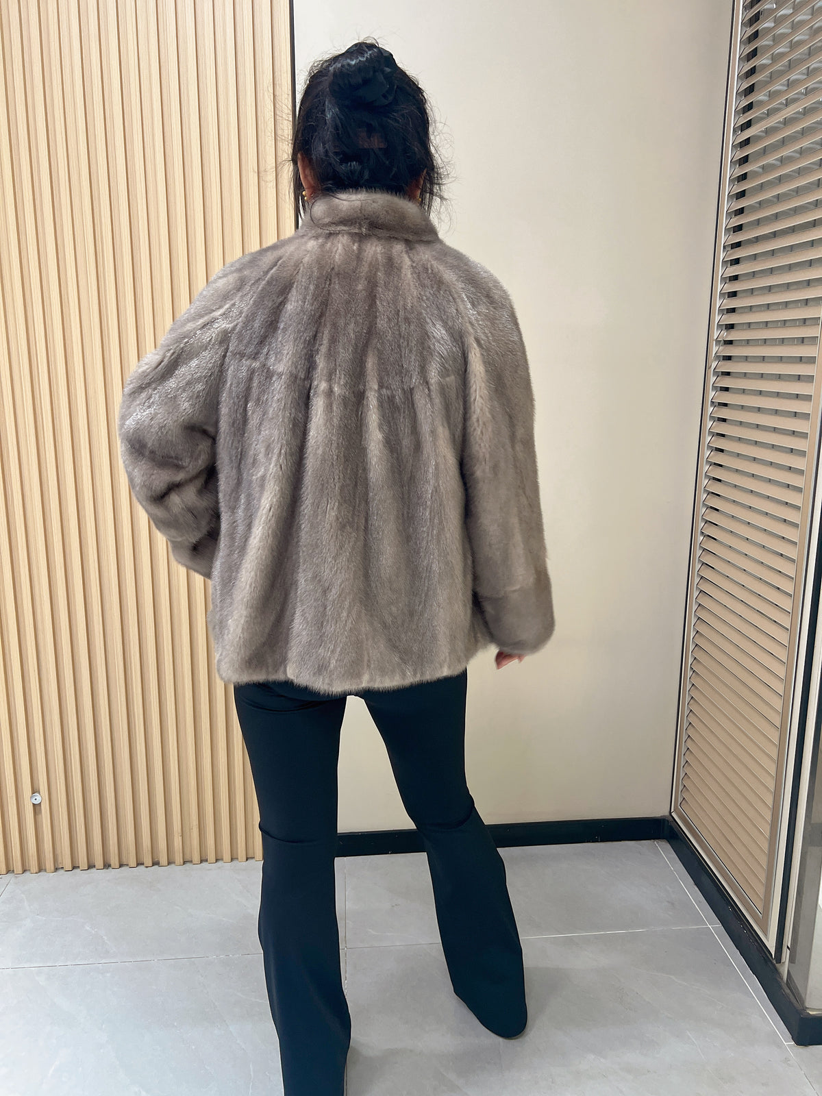 No. 312 Latte-Grey Stand-Collar Mink Fur Coat