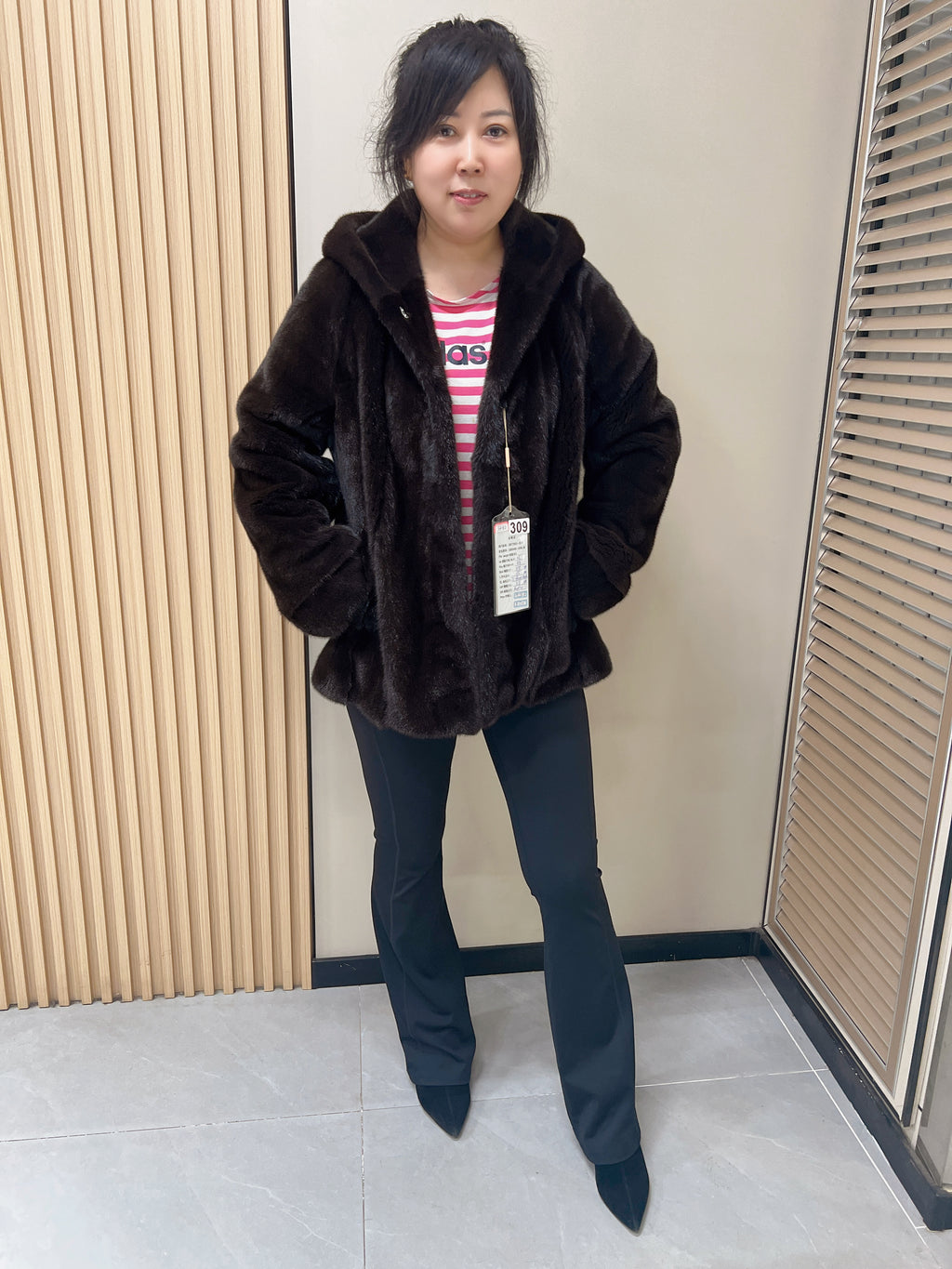 No. 309 Dark Brown Hooded Mink Fur Coat