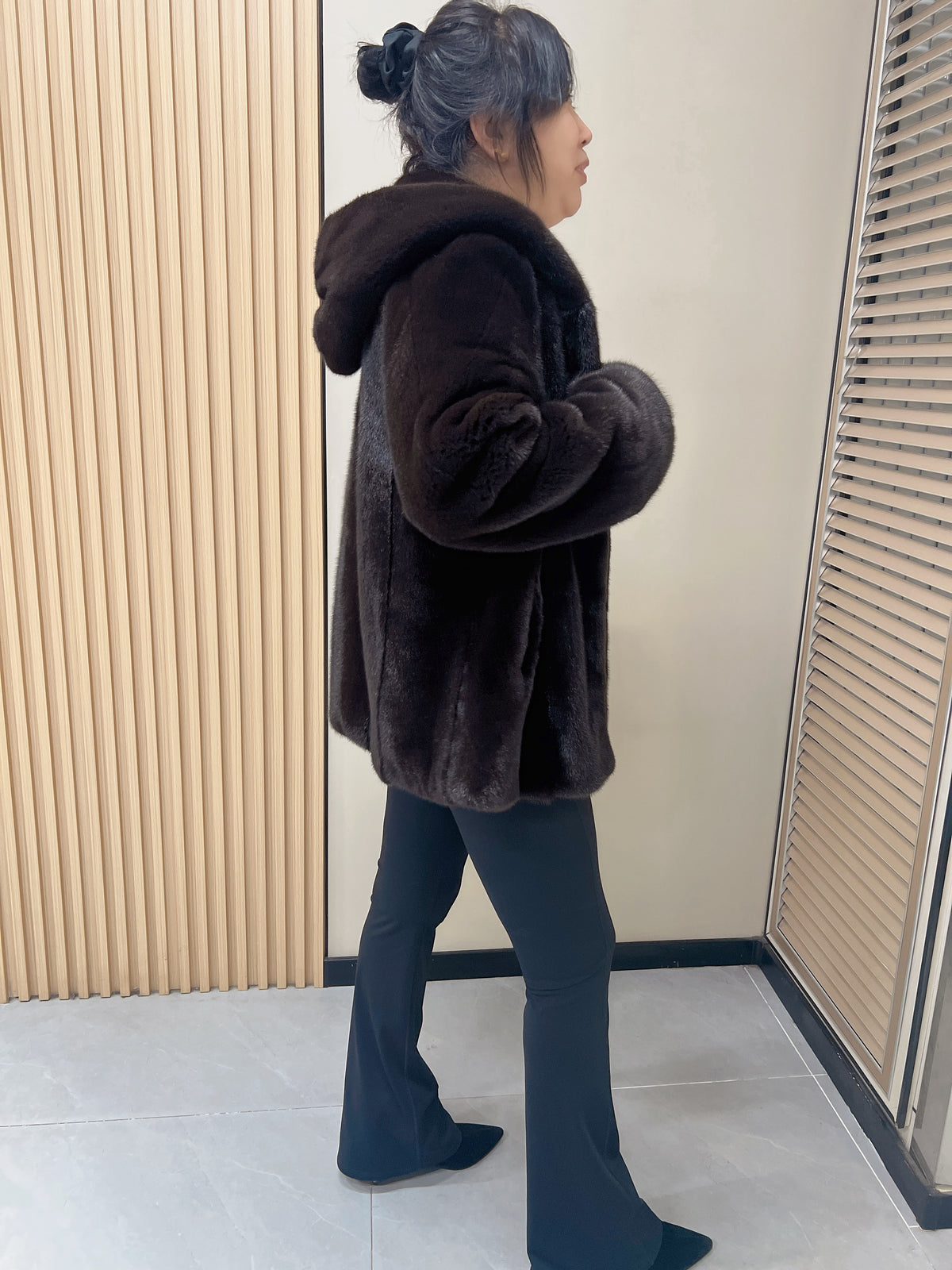 No. 309 Dark Brown Hooded Mink Fur Coat