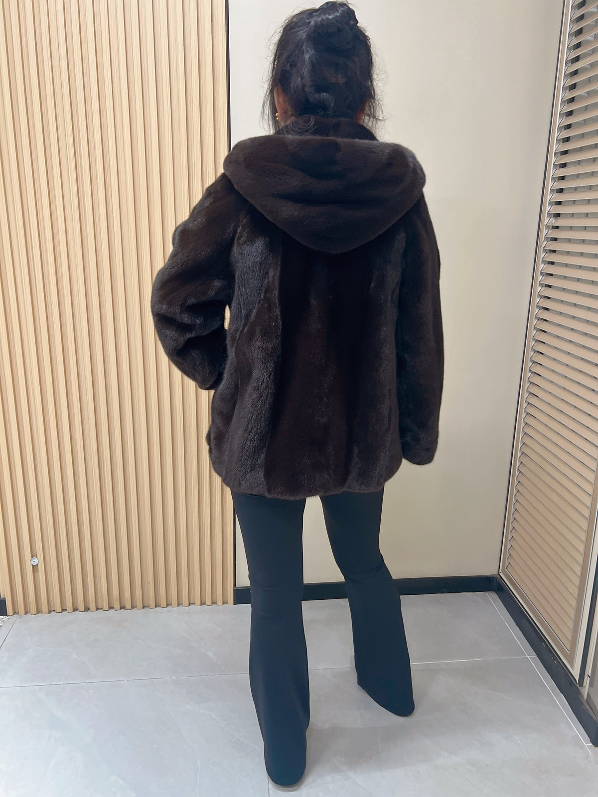No. 309 Dark Brown Hooded Mink Fur Coat