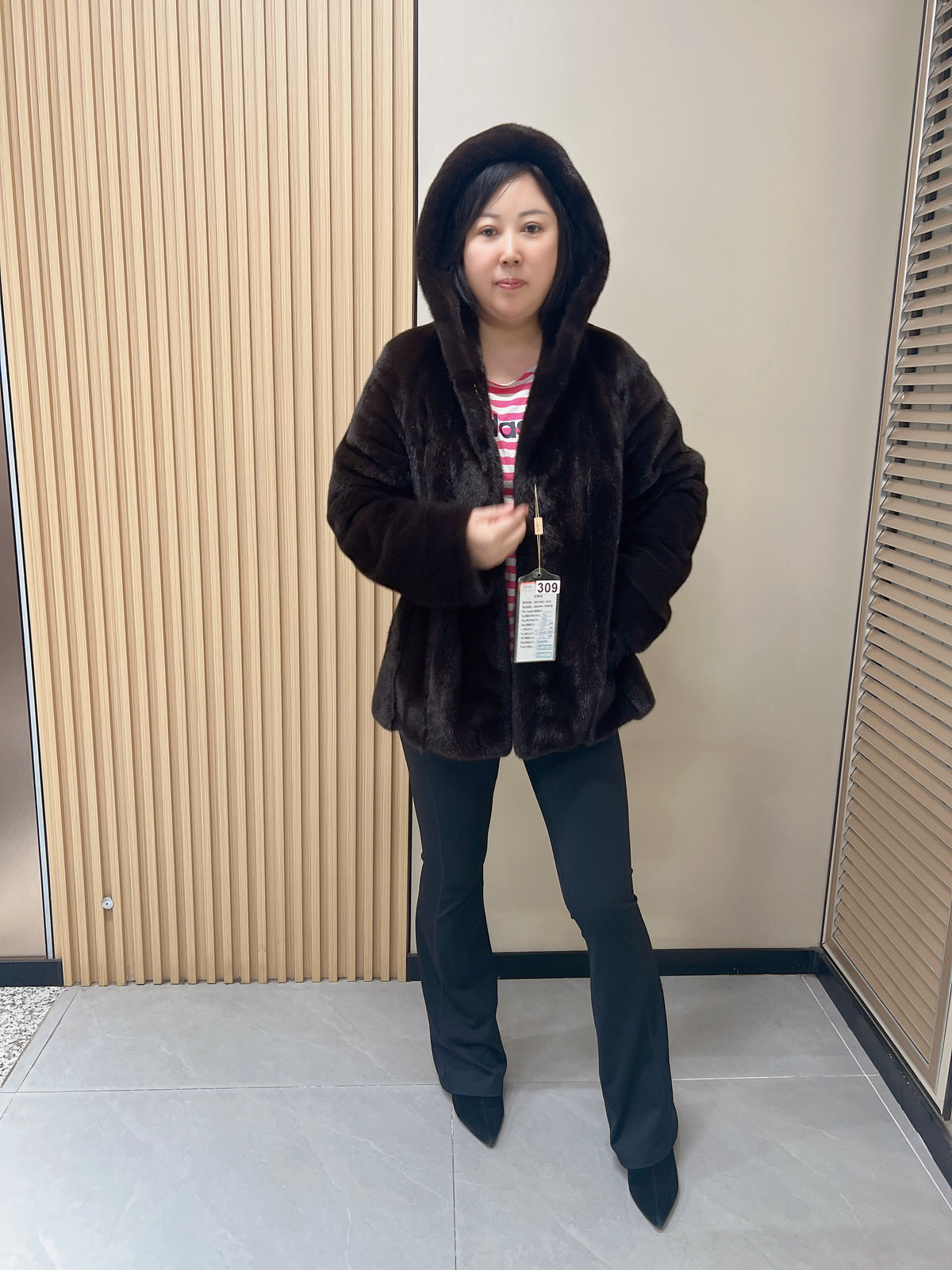 No. 309 Dark Brown Hooded Mink Fur Coat