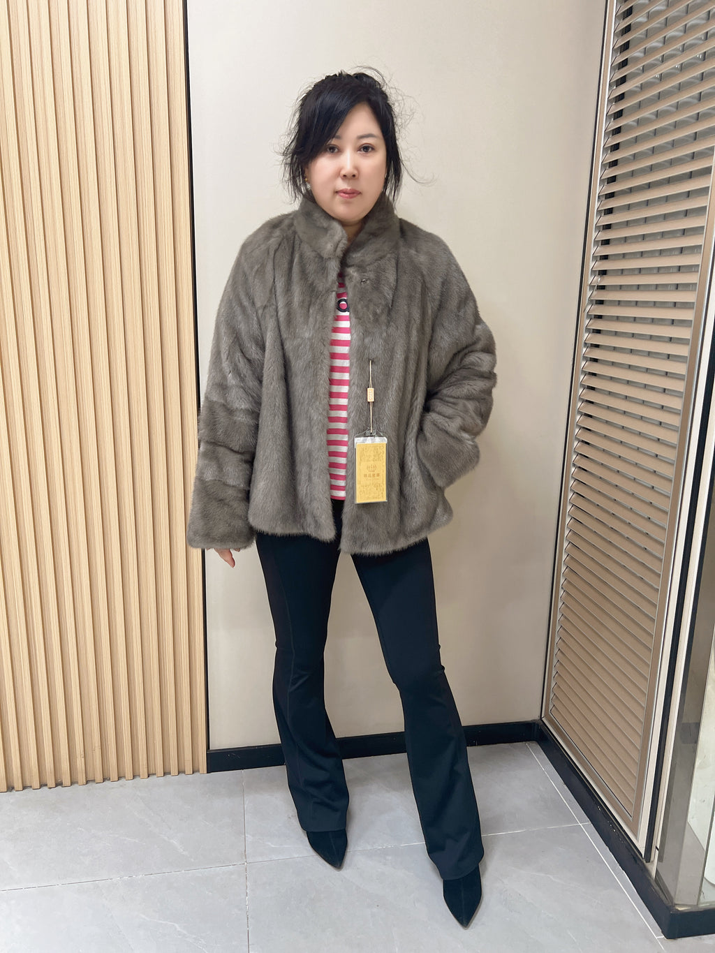 No. 305 Latte-Grey Stand-Collar Mink Fur Coat