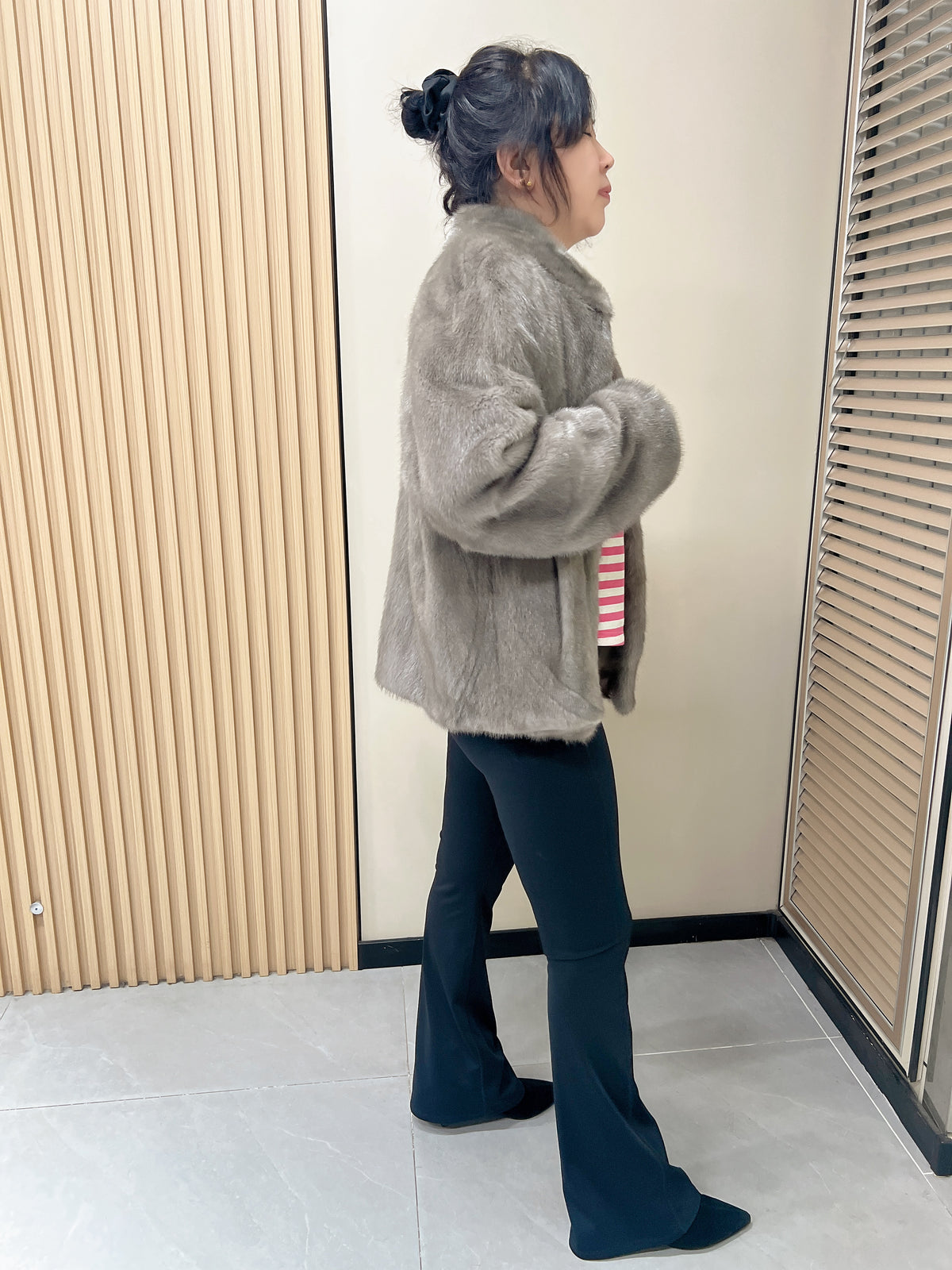 No. 305 Latte-Grey Stand-Collar Mink Fur Coat