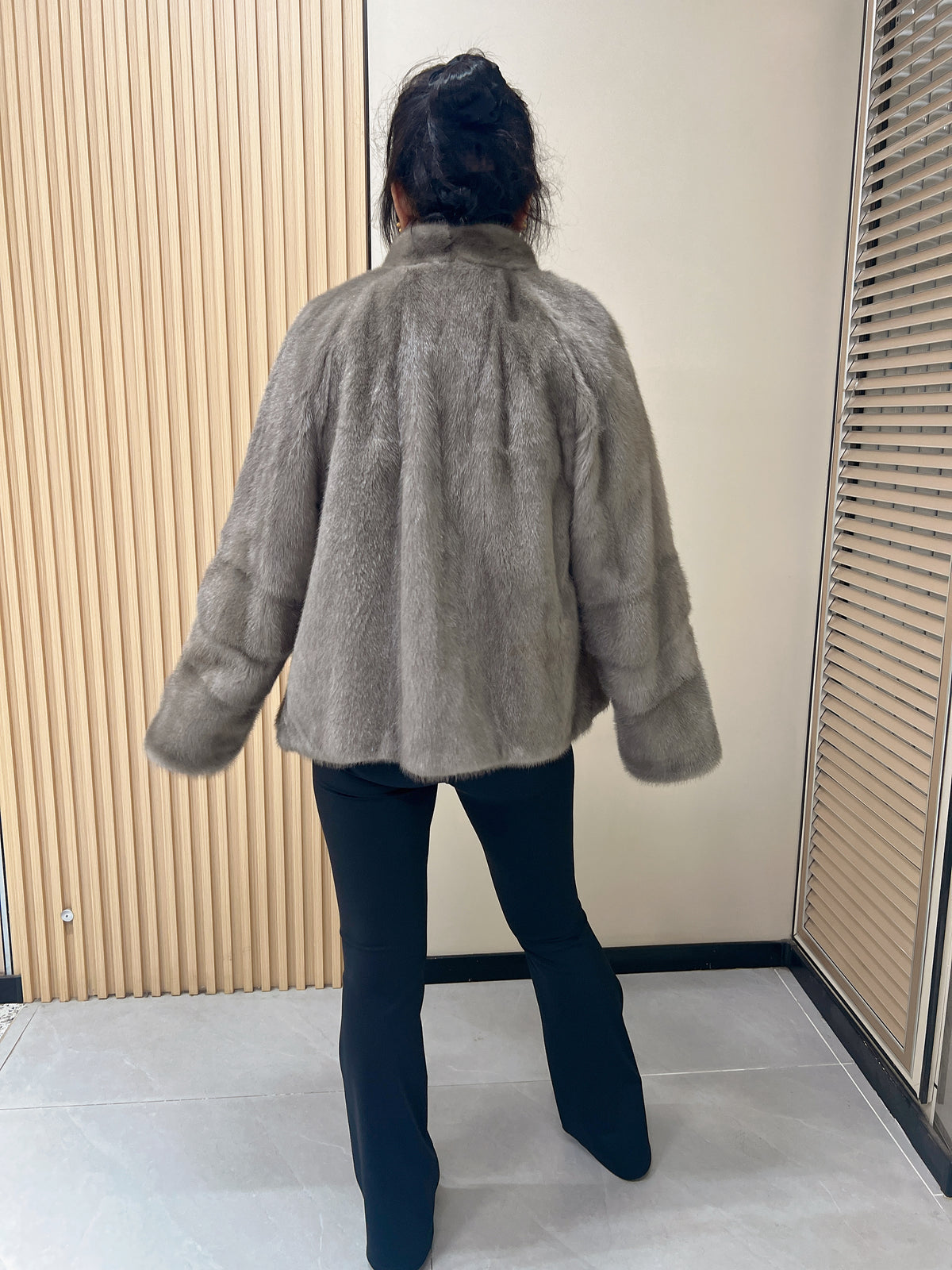No. 305 Latte-Grey Stand-Collar Mink Fur Coat