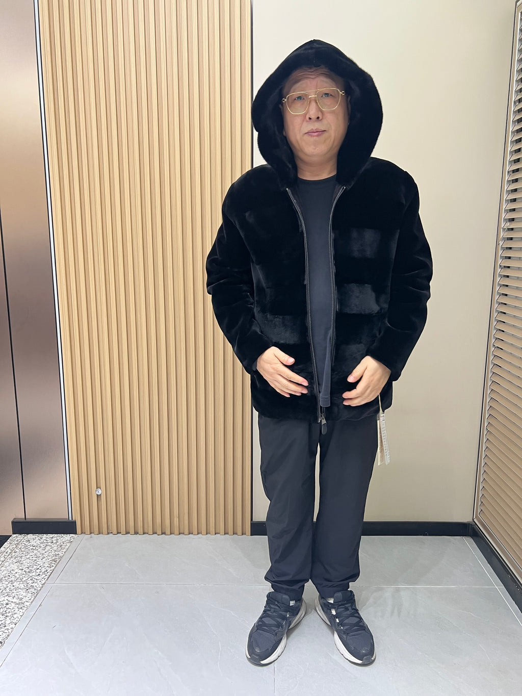 No. 232 Men's Black Hooded Mink Fur Coat – Front Zipper Design