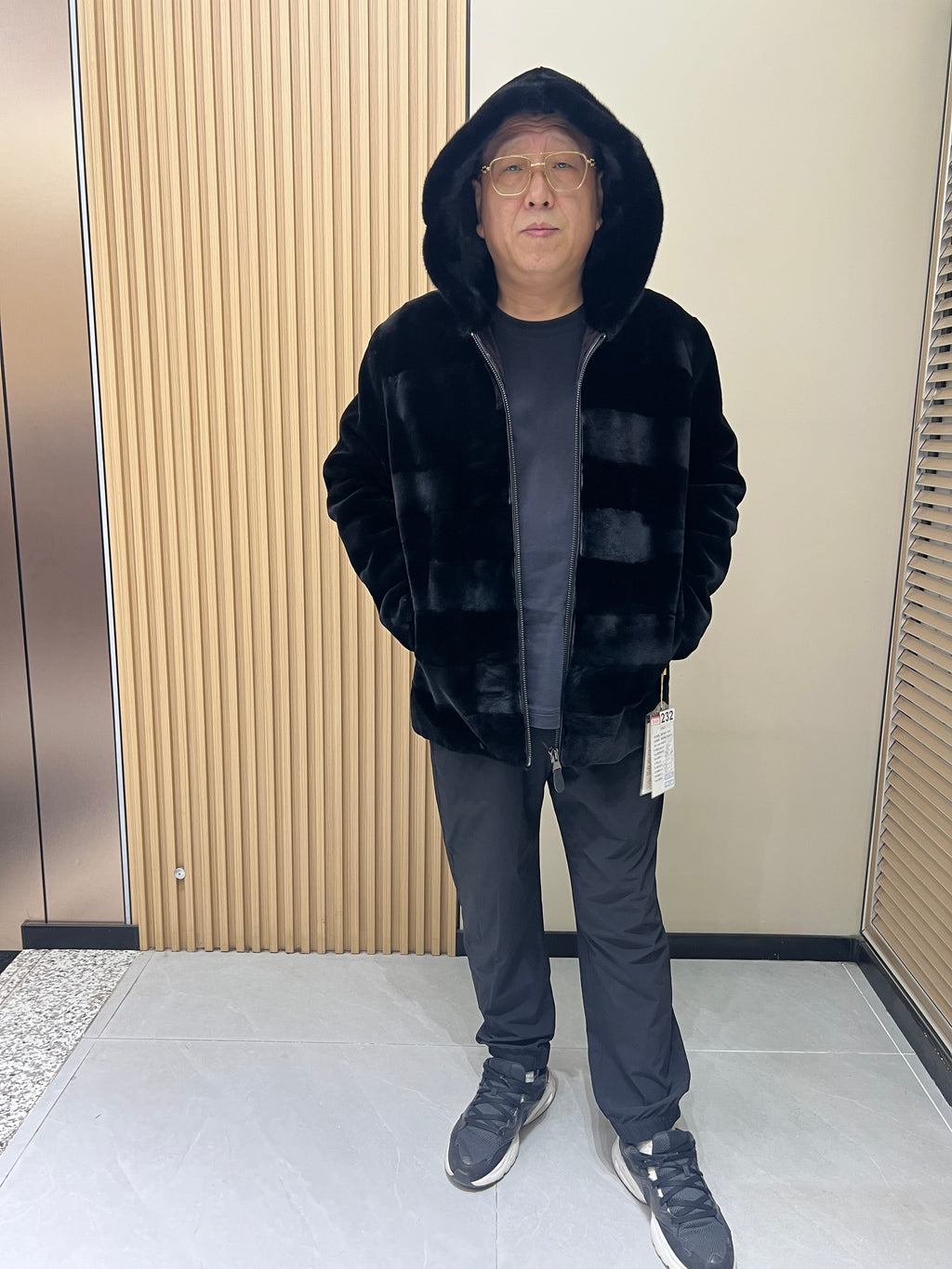No. 232 Men's Black Hooded Mink Fur Coat – Front Zipper Design