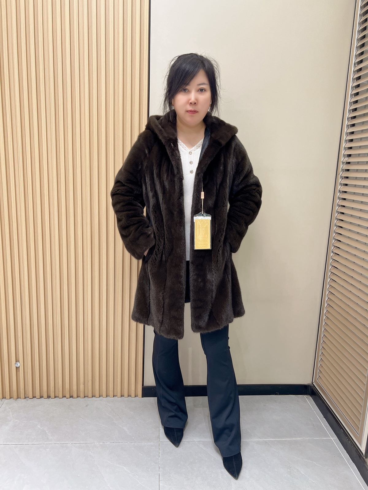 No. 340 Brown Hooded Mink Fur Coat