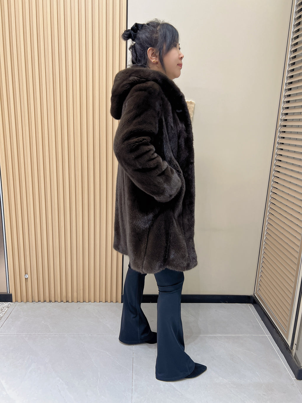 No. 340 Brown Hooded Mink Fur Coat