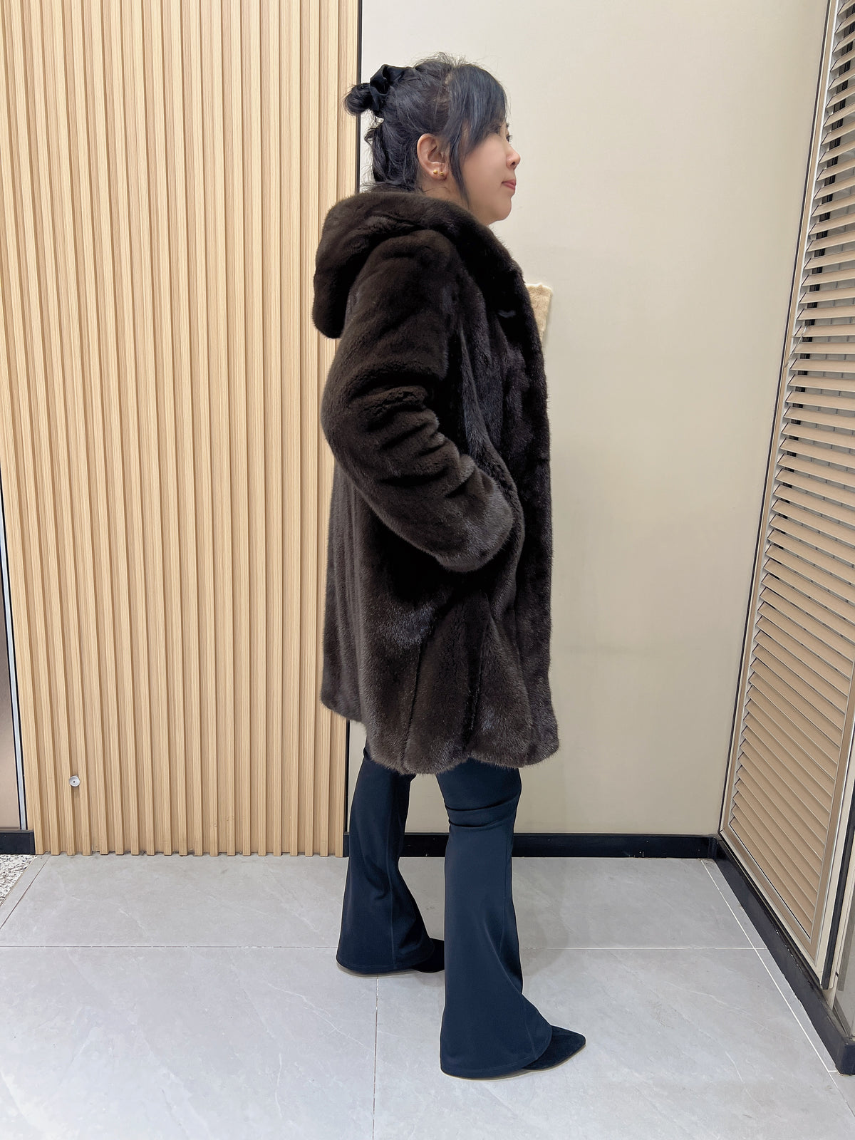 No. 340 Brown Hooded Mink Fur Coat