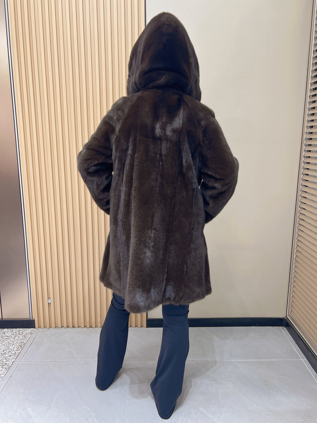 No. 340 Brown Hooded Mink Fur Coat