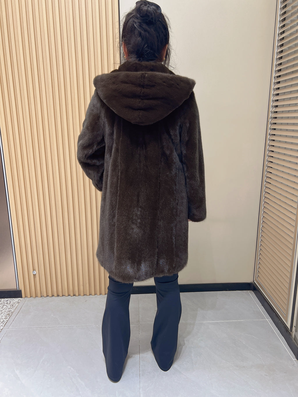 No. 340 Brown Hooded Mink Fur Coat