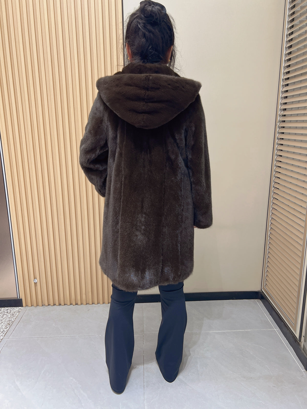 No. 340 Brown Hooded Mink Fur Coat