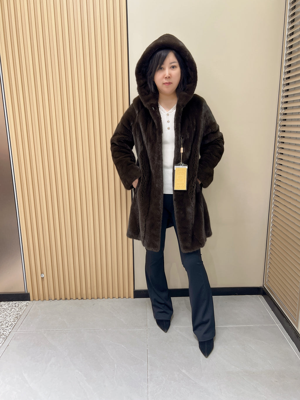 No. 340 Brown Hooded Mink Fur Coat