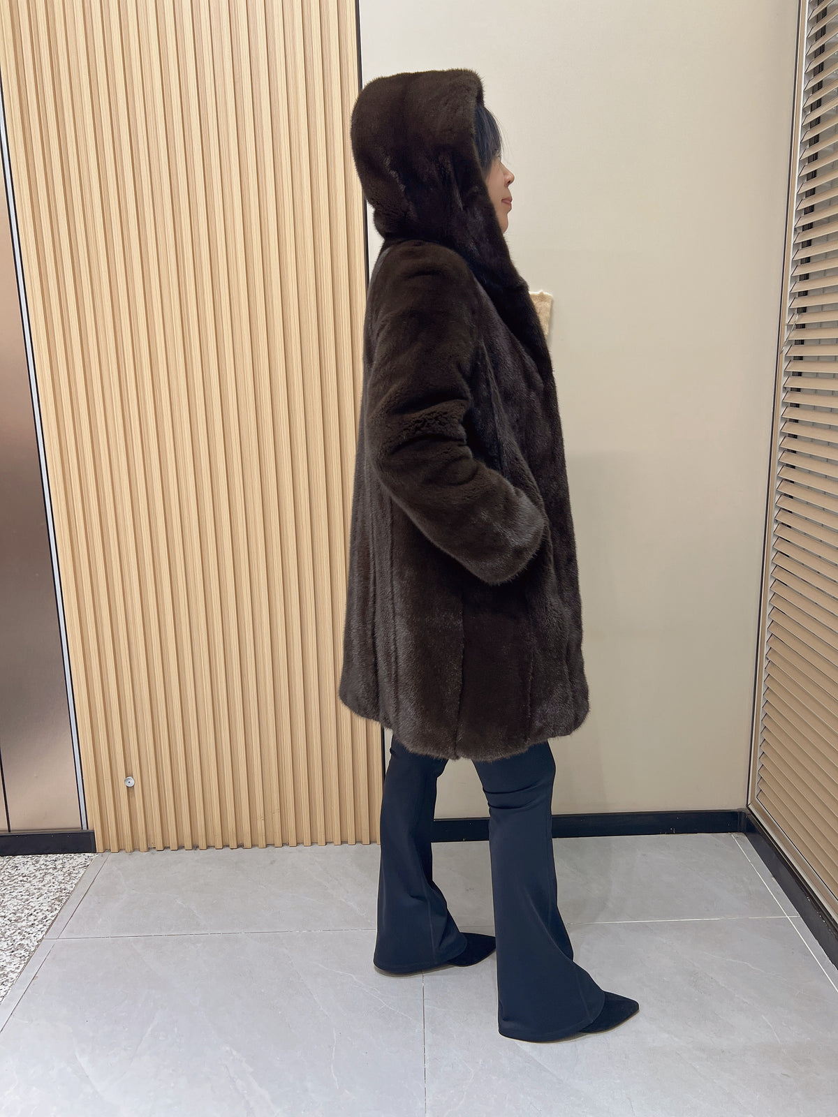 No. 340 Brown Hooded Mink Fur Coat