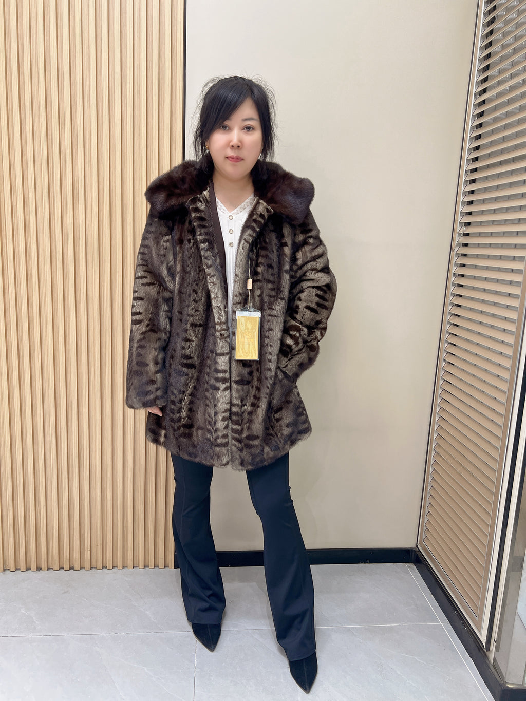 No. 337 Brown Printed Hooded Mink Fur Coat
