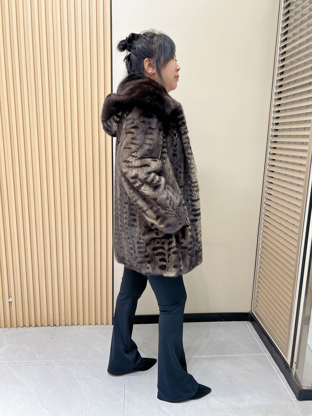 No. 337 Brown Printed Hooded Mink Fur Coat