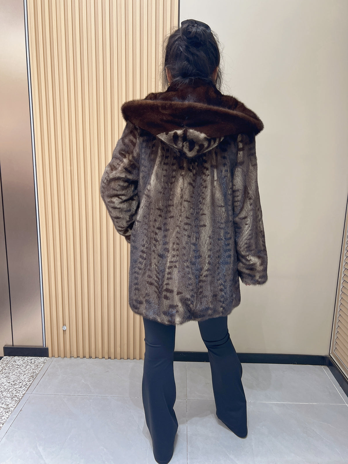 No. 337 Brown Printed Hooded Mink Fur Coat