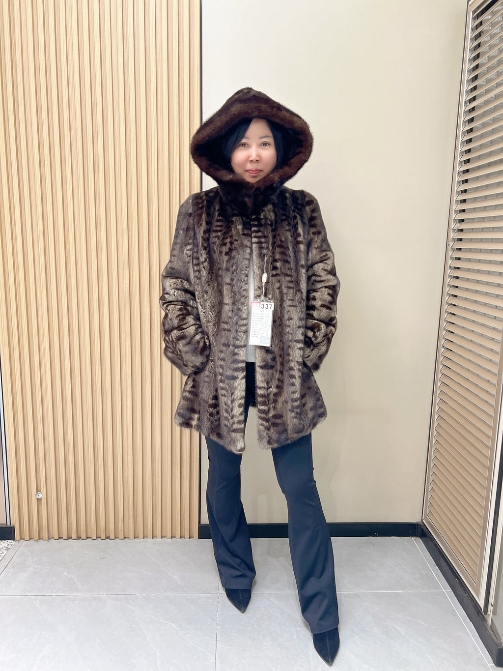 No. 337 Brown Printed Hooded Mink Fur Coat