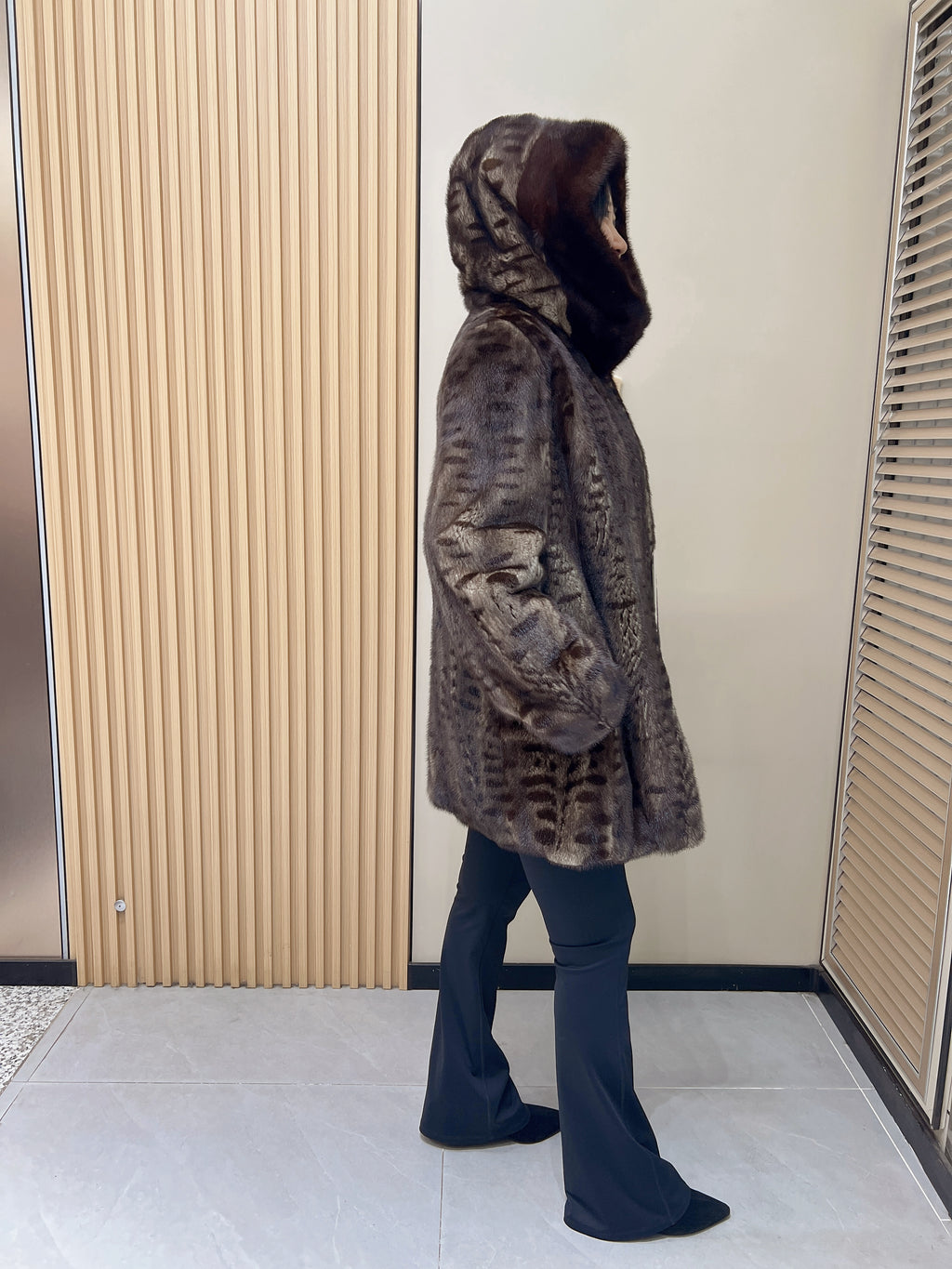 No. 337 Brown Printed Hooded Mink Fur Coat