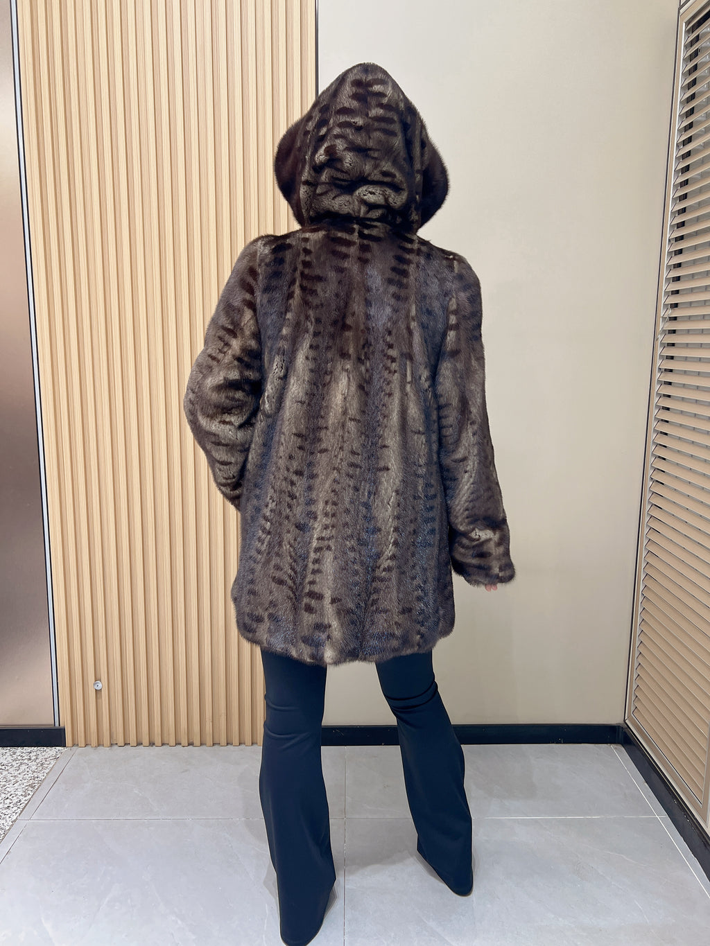 No. 337 Brown Printed Hooded Mink Fur Coat