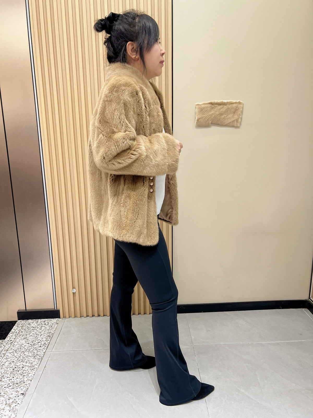 No. 328 Light Brown Stand-Collar Mink Fur Coat (Featuring Copper Button Design)