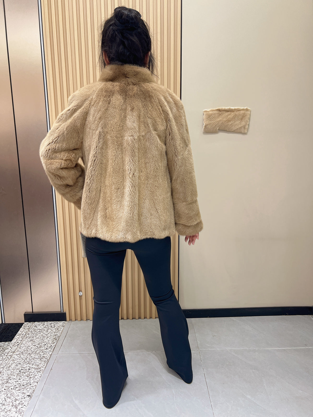 No. 328 Light Brown Stand-Collar Mink Fur Coat (Featuring Copper Button Design)