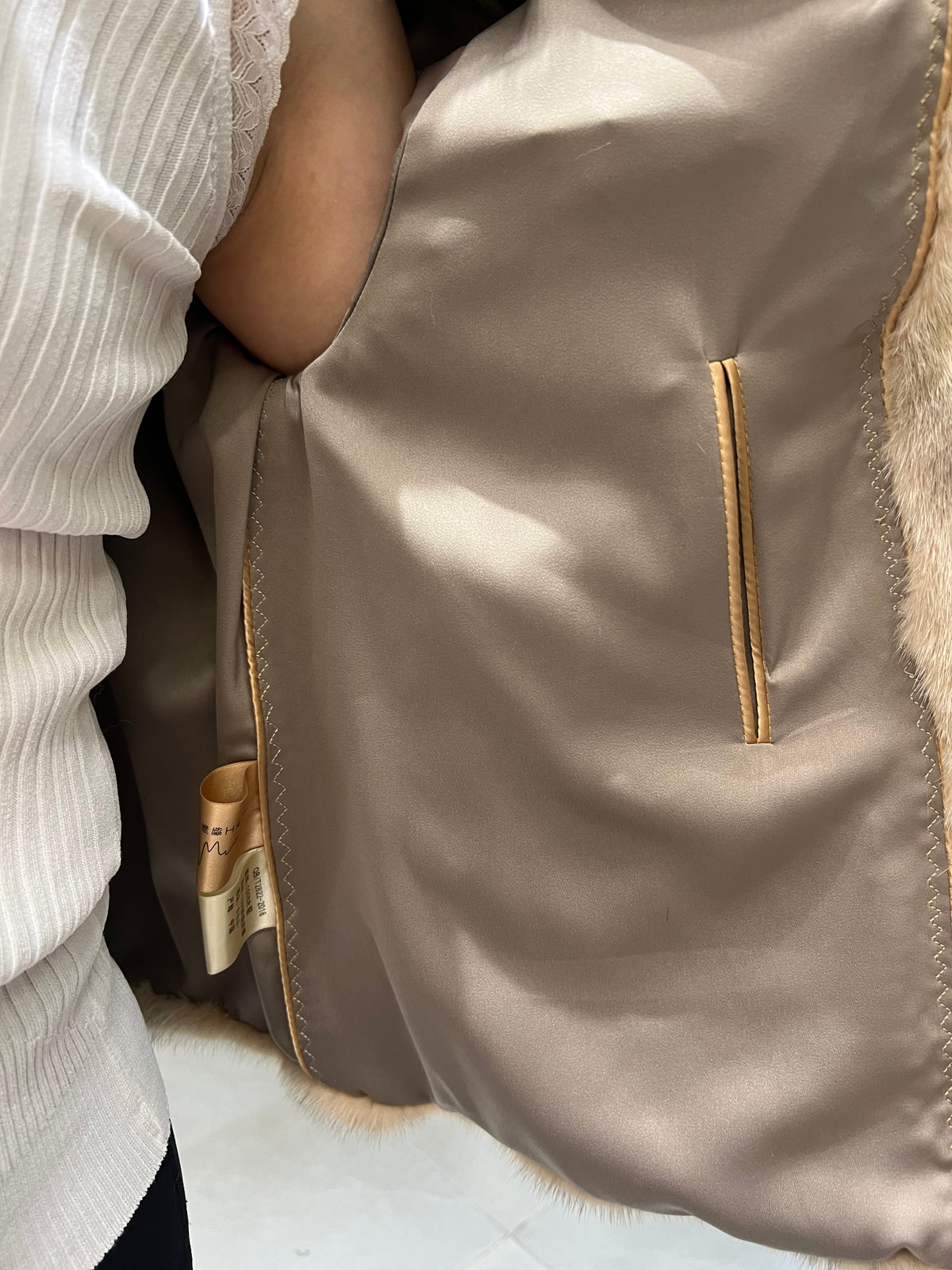 No. 334 Beige Cross Mink Fur Coat with Stand-up Collar