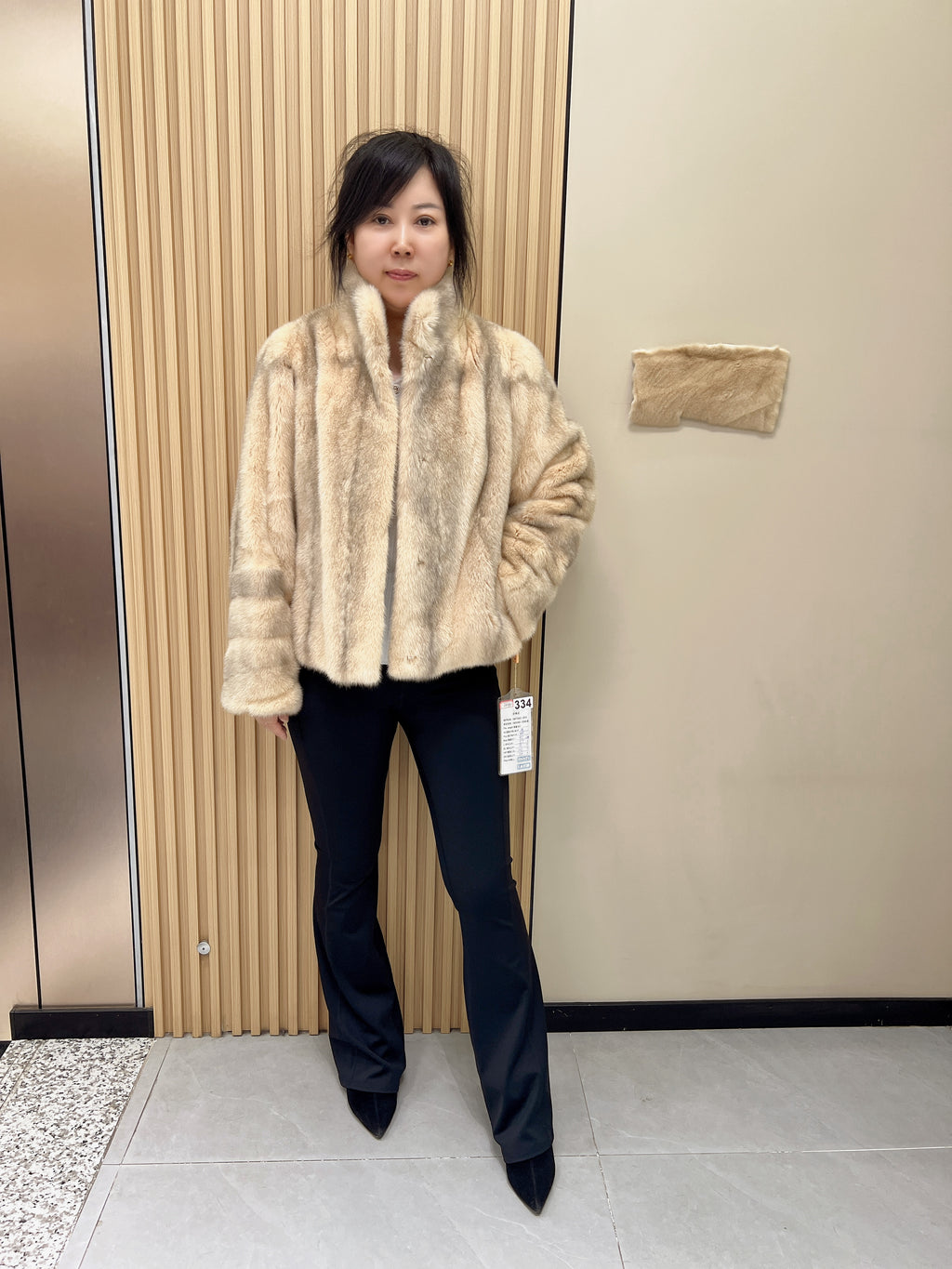 No. 334 Beige Cross Mink Fur Coat with Stand-up Collar