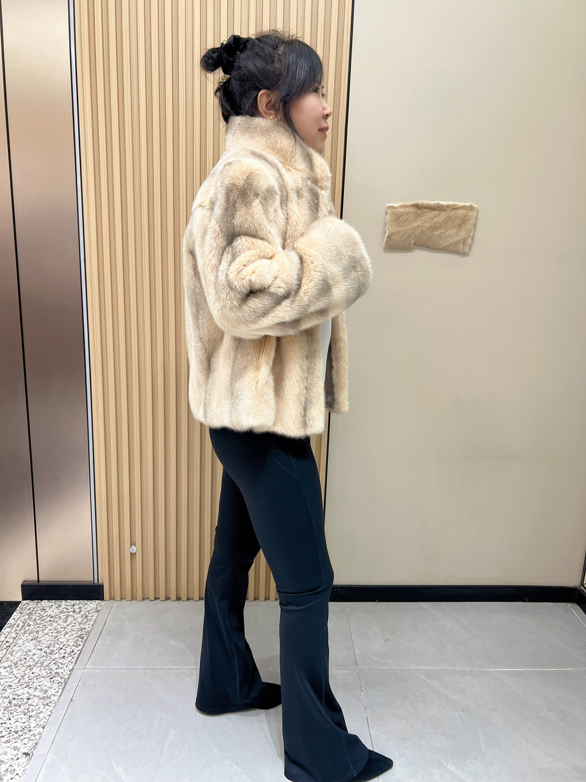 No. 334 Beige Cross Mink Fur Coat with Stand-up Collar