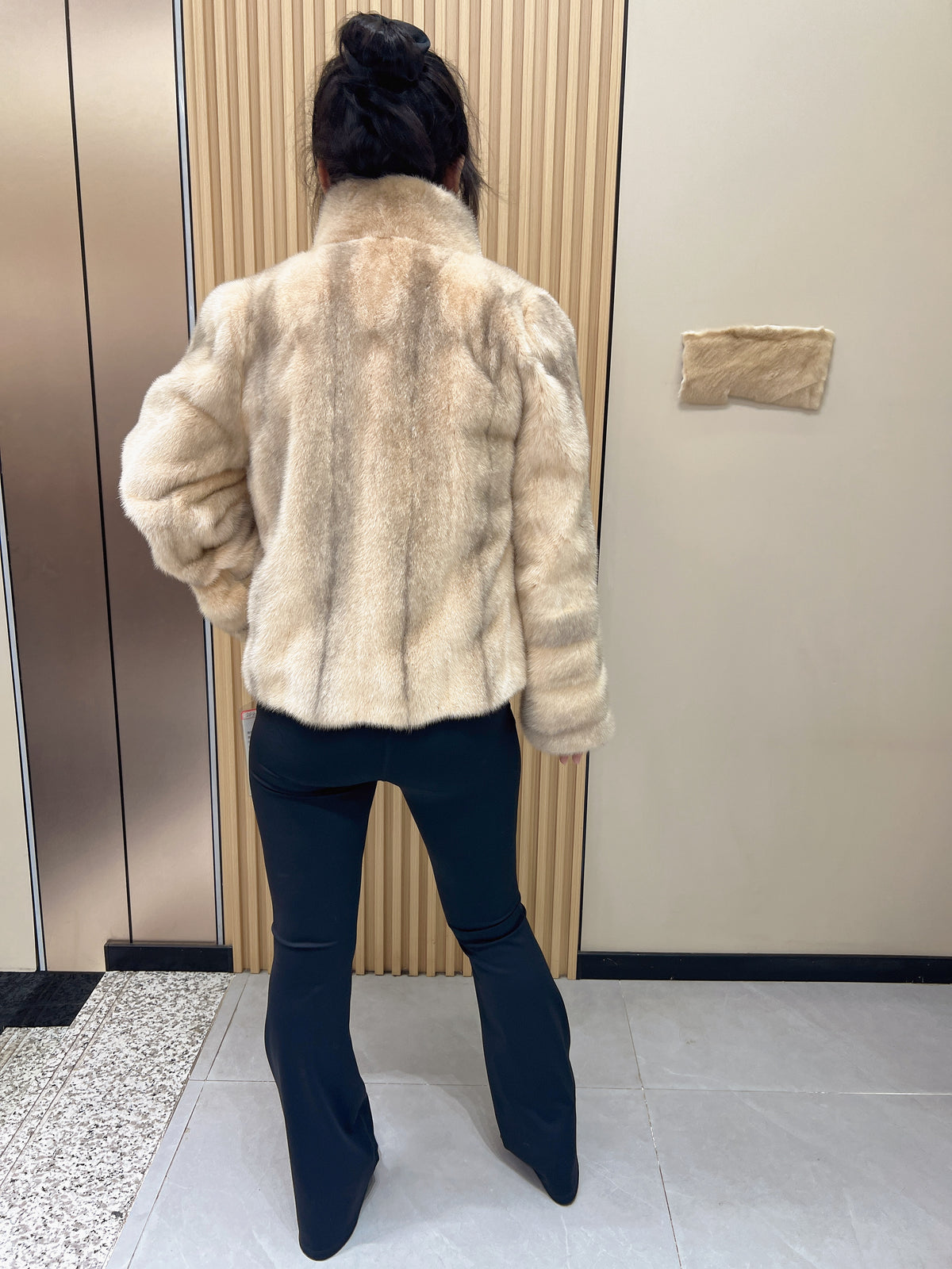 No. 334 Beige Cross Mink Fur Coat with Stand-up Collar