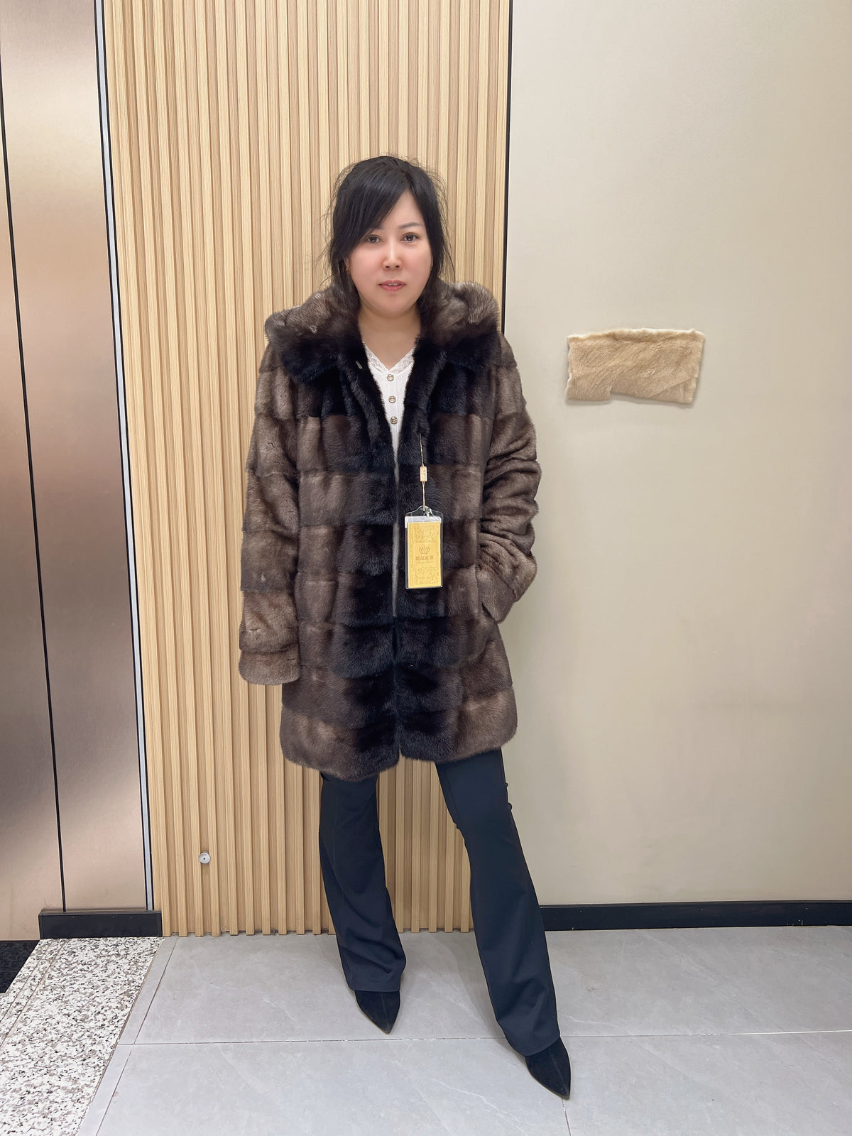 No. 333 Horizontal-Stitched Hooded Mink Fur Coat with Grey-Black Ombré Effect