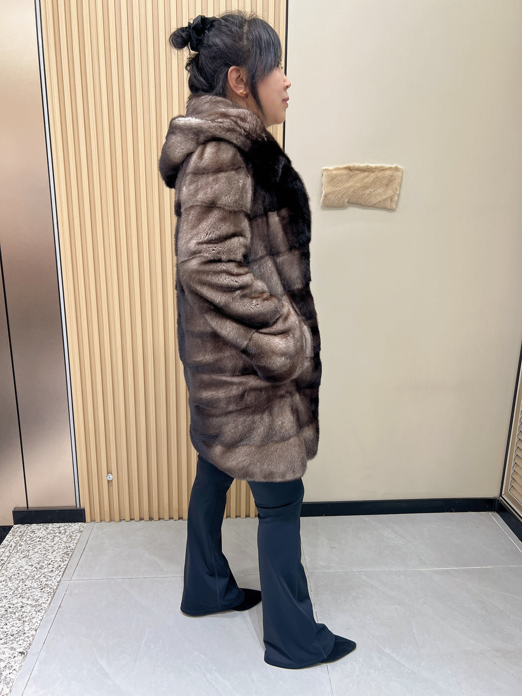 No. 333 Horizontal-Stitched Hooded Mink Fur Coat with Grey-Black Ombré Effect