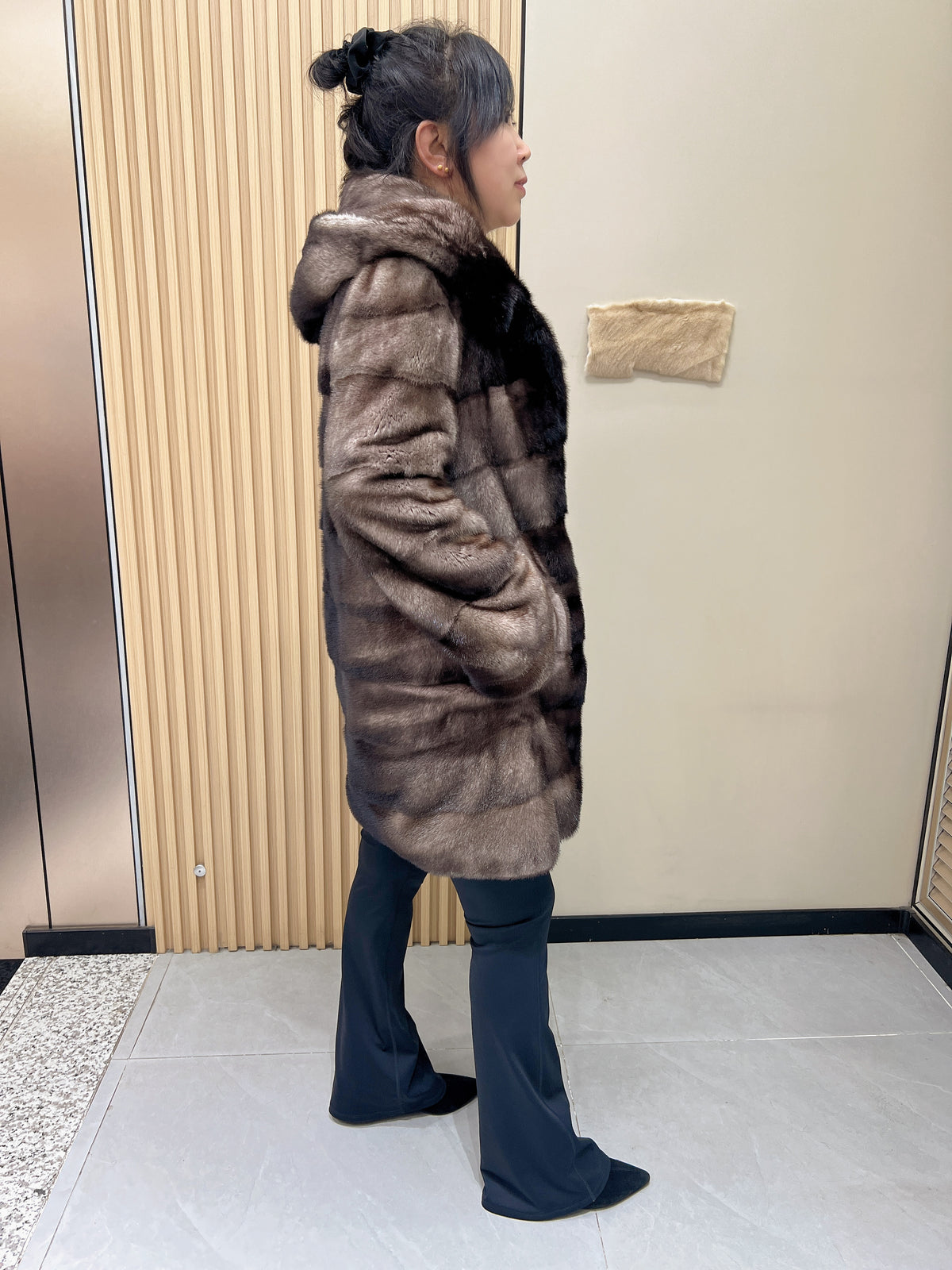 No. 333 Horizontal-Stitched Hooded Mink Fur Coat with Grey-Black Ombré Effect