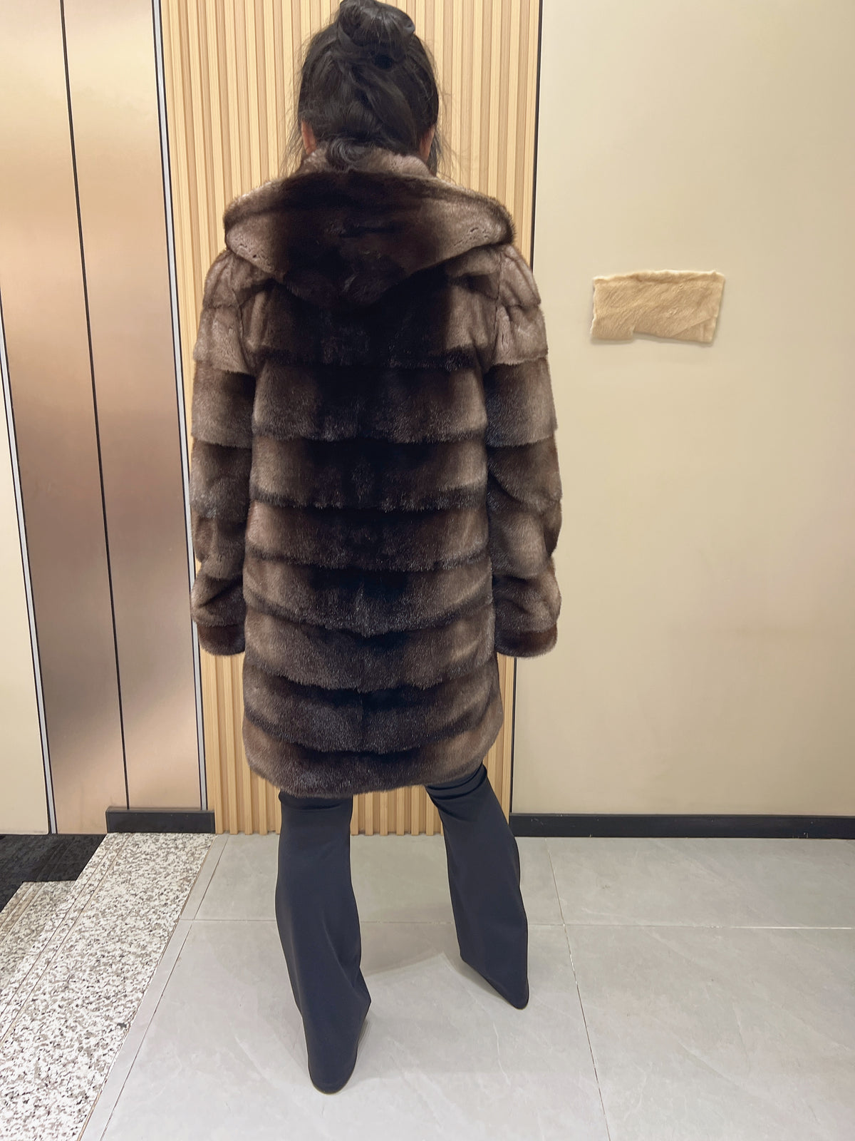 No. 333 Horizontal-Stitched Hooded Mink Fur Coat with Grey-Black Ombré Effect
