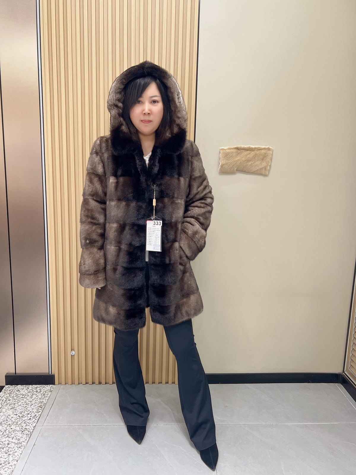 No. 333 Horizontal-Stitched Hooded Mink Fur Coat with Grey-Black Ombré Effect