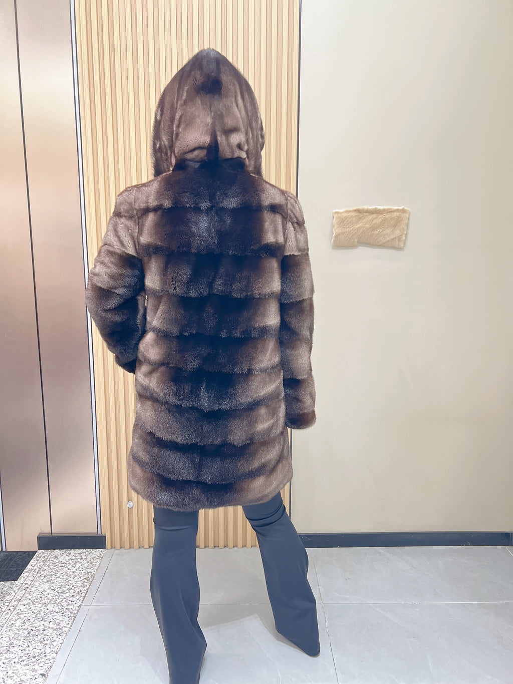 No. 333 Horizontal-Stitched Hooded Mink Fur Coat with Grey-Black Ombré Effect