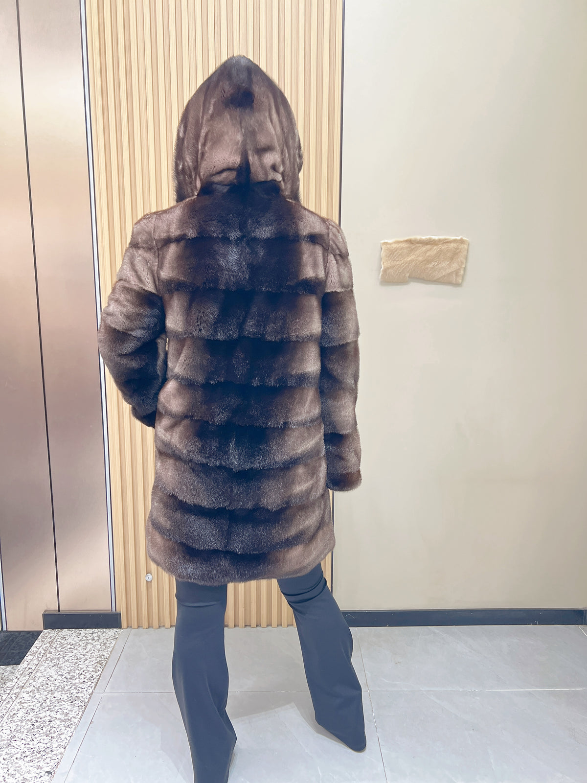 No. 333 Horizontal-Stitched Hooded Mink Fur Coat with Grey-Black Ombré Effect