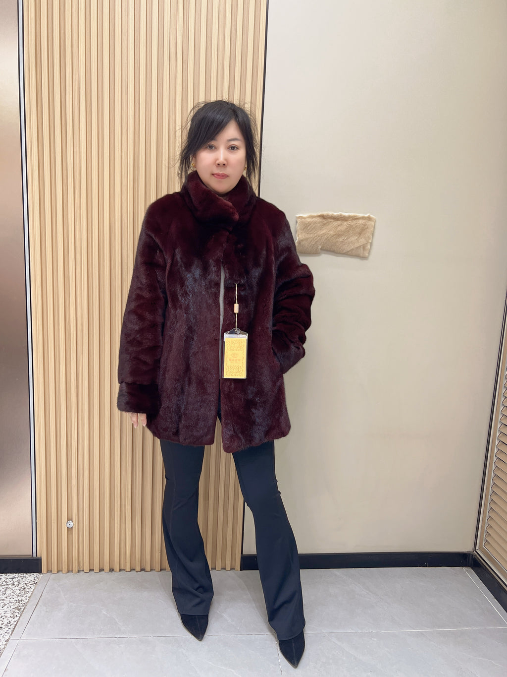 No. 331 Burgundy Stand-Collar Mink Fur Coat