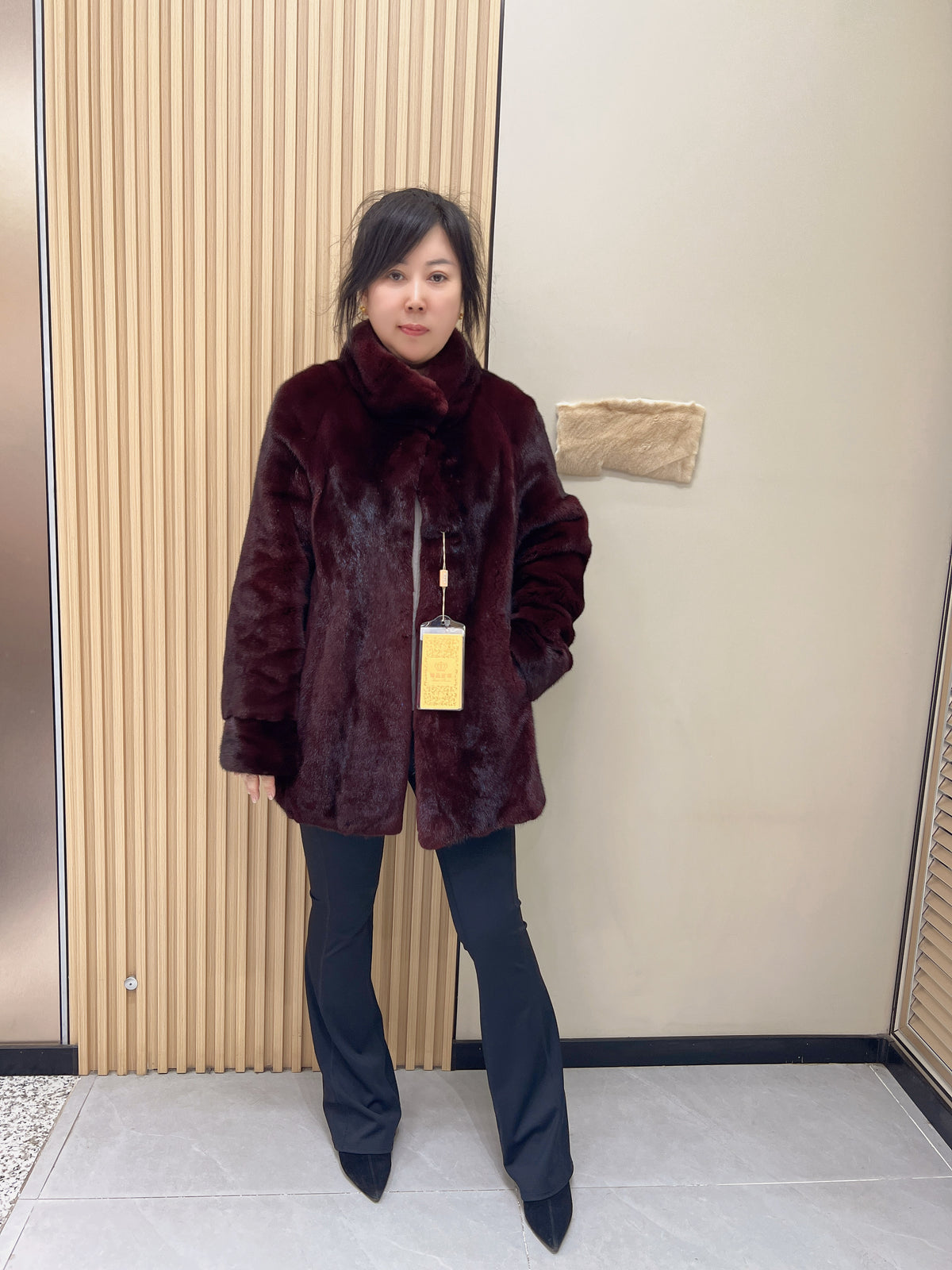 No. 331 Burgundy Stand-Collar Mink Fur Coat