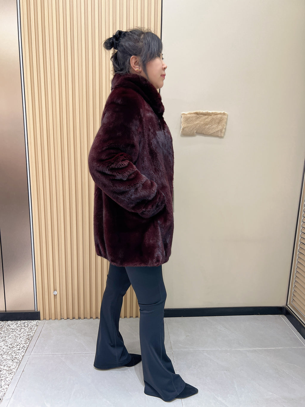 No. 331 Burgundy Stand-Collar Mink Fur Coat