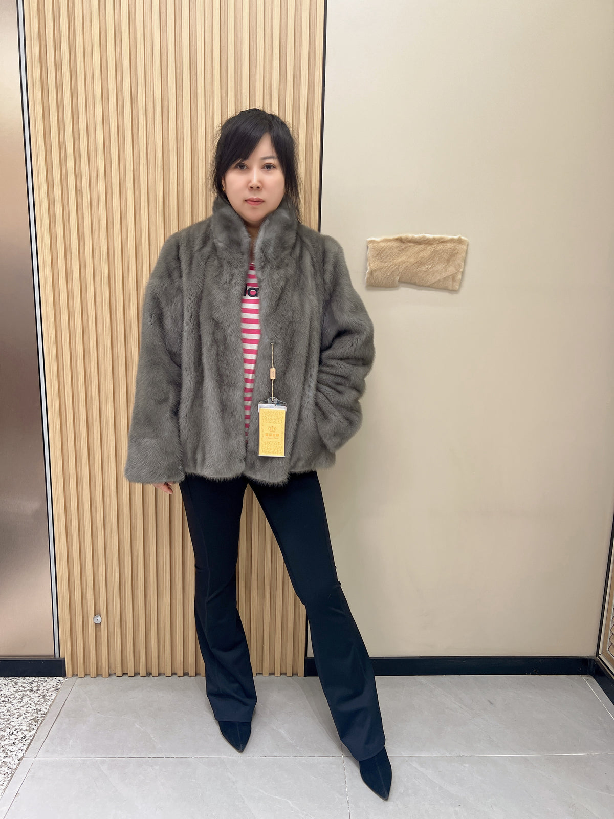 No. 359 Grey Stand-Collar Mink Fur Coat