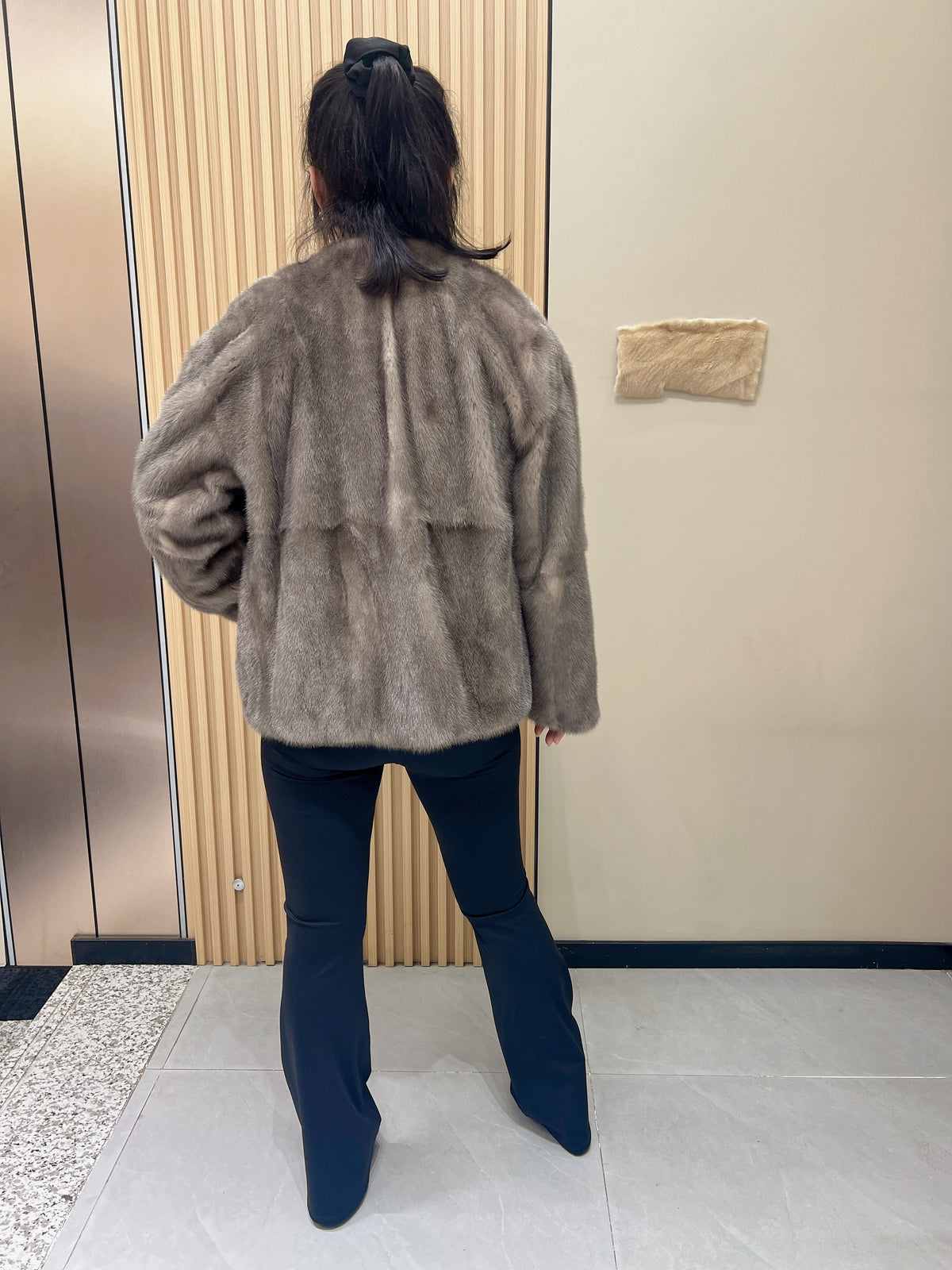 No. 363 Grey V-neck mink fur coat