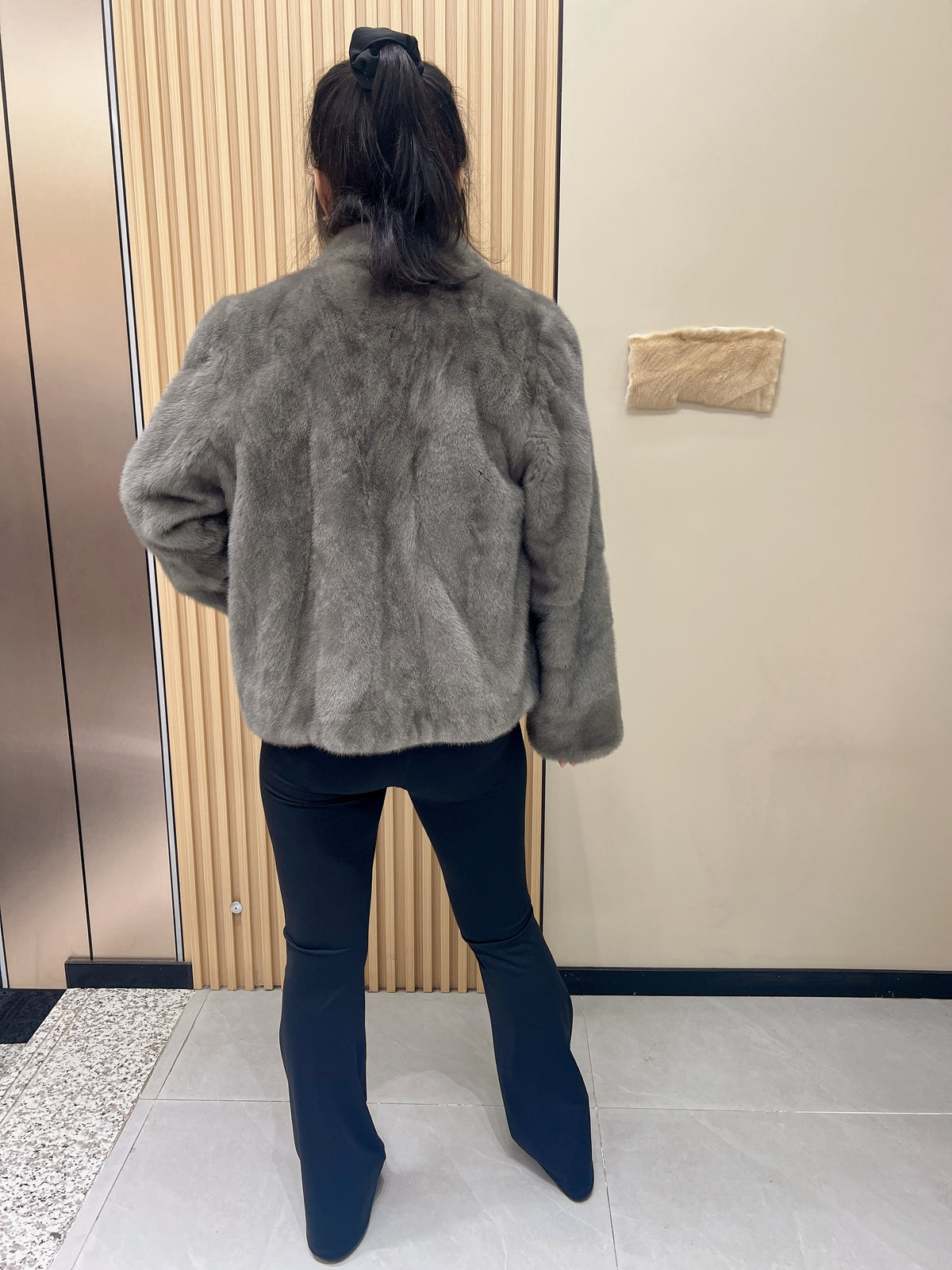 No. 358 Grey V-neck mink fur coat
