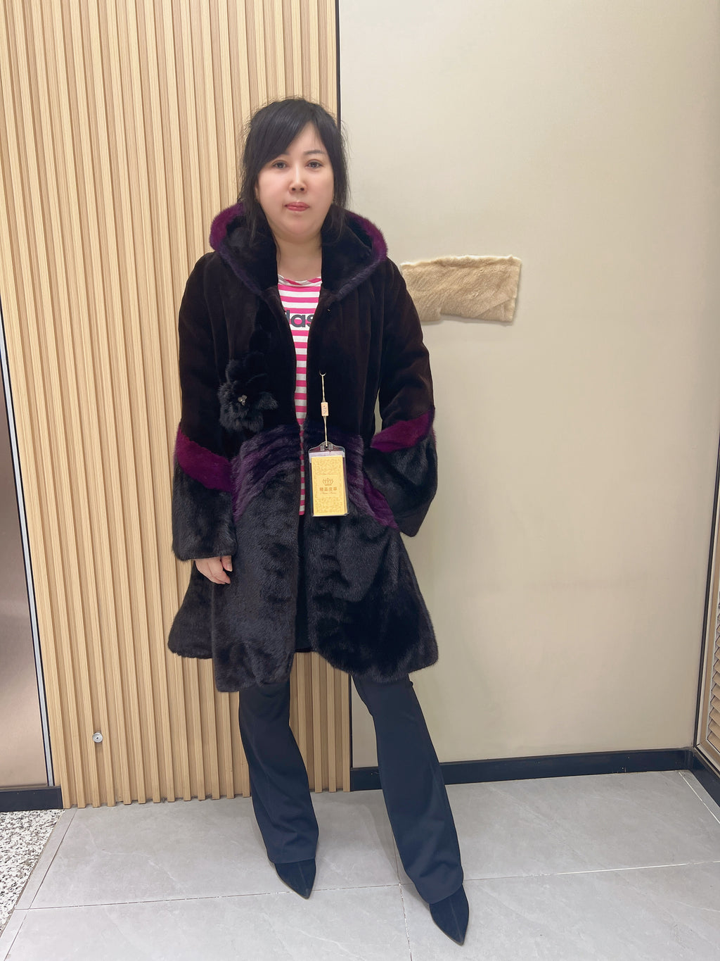 No. 360 Black-brown and pink color-block mink fur coat