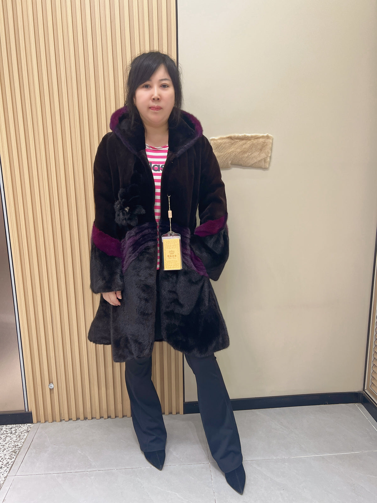 No. 360 Black-brown and pink color-block mink fur coat