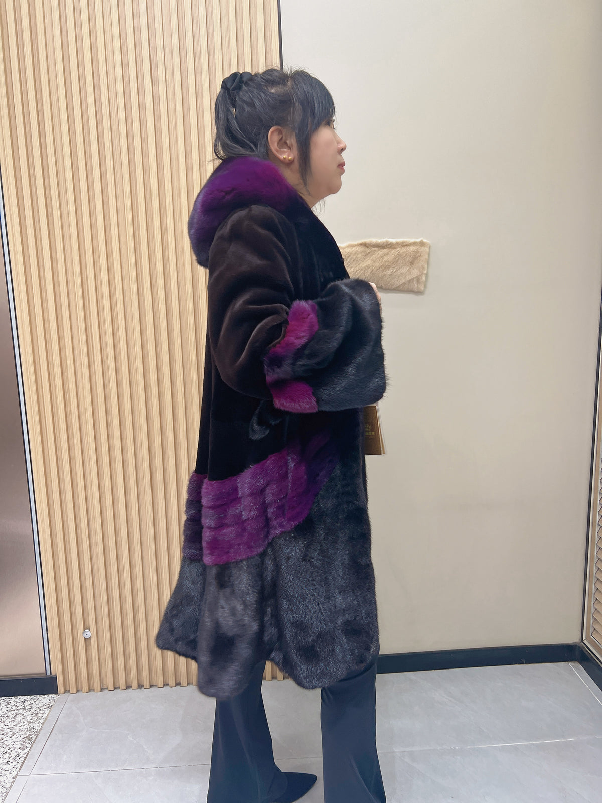 No. 360 Black-brown and pink color-block mink fur coat
