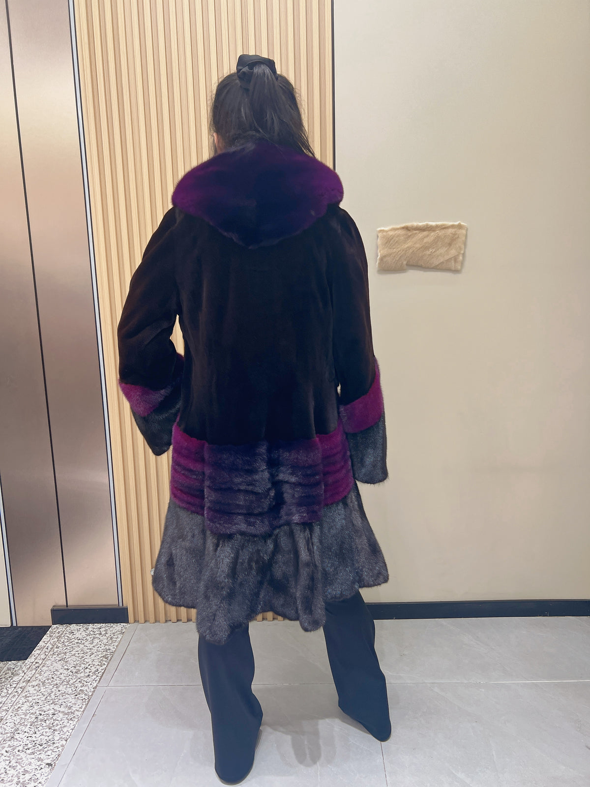 No. 360 Black-brown and pink color-block mink fur coat