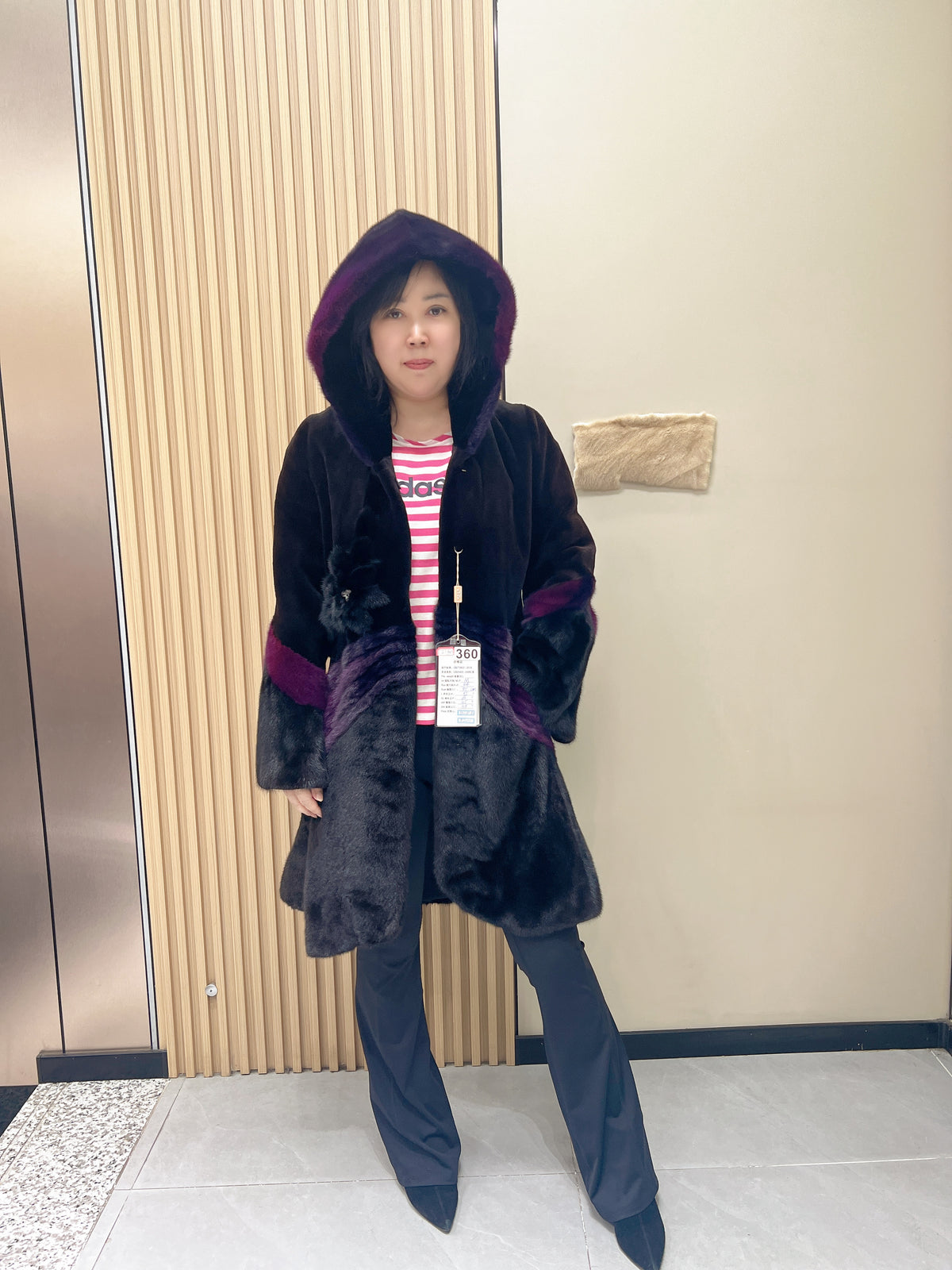 No. 360 Black-brown and pink color-block mink fur coat