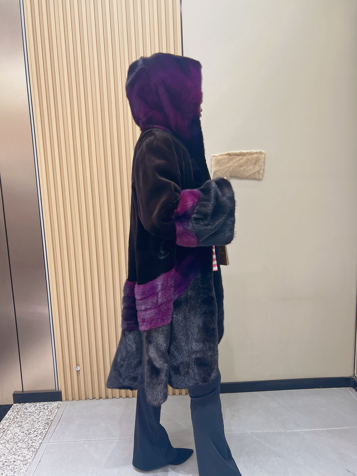 No. 360 Black-brown and pink color-block mink fur coat